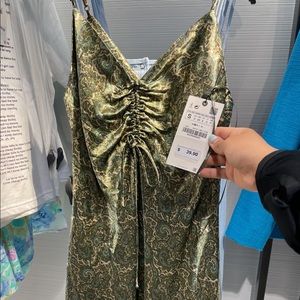 Zara Green Satin Ruched Dress